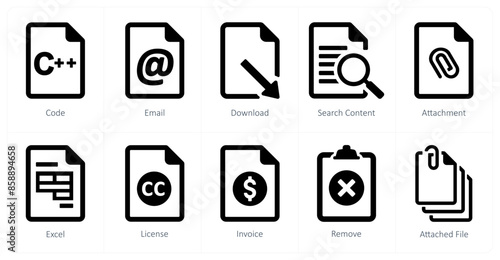 A set of 10 File icons as code, email, download