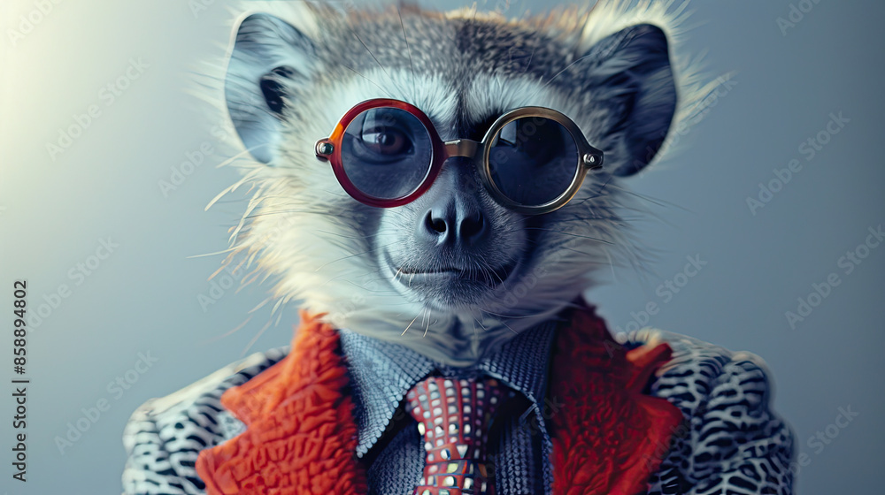 Stylish animal dons funky attire - jacket, tie, sunglasses. Plain background sets stage for supermodel pose. Fashion-forward creature exudes charm. Stylish animal dons funky attire - jacket, tie, sunglasses. Plain background sets stage for supermodel pose. Fashion-forward creature exudes charm.