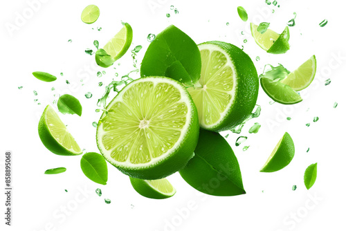"Floating Freshness" - Embrace the invigorating scene of lime halves suspended in mid-air, accompanied by the fresh allure of green leaves against an isolated background. © Rawinan