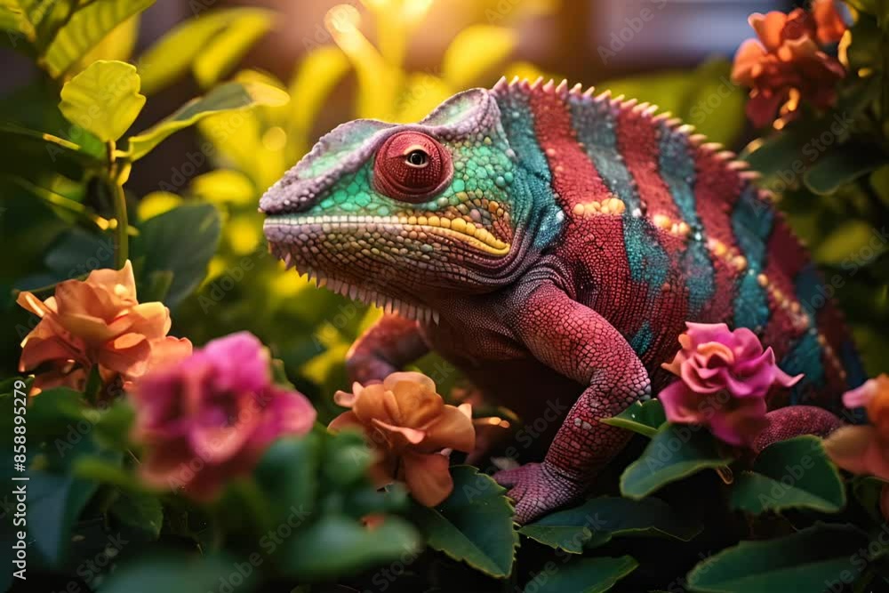 chameleon with flowers on background chameleon with flowers on background