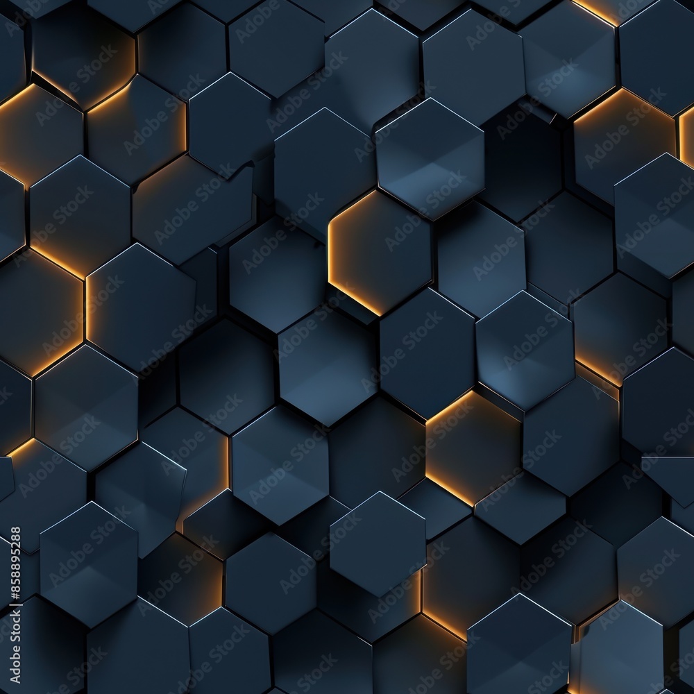A close-up image of a geometric pattern formed by many blue hexagons. The edges of some of the hexagons are glowing with a warm, orange light, creating a striking visual contrast. The image has a mini