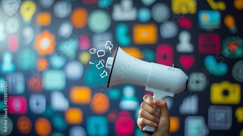 Megaphone with social media icons in front of blurred colorful social media icons. photo