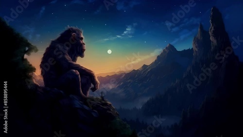Australopithecus prehistoric man sits and looks at the sunset high in the mountains	
