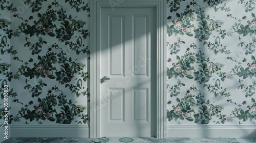 Closet door on a blank wall  minimal  simple lens  weird science themed wallpaper on the surrounding walls 