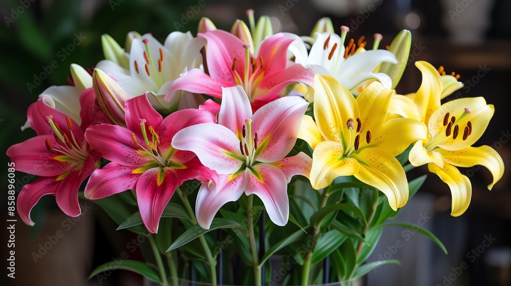 A vibrant bouquet of lilies in pink, yellow, and white colors. A vibrant bouquet of lilies in pink, yellow, and white colors.