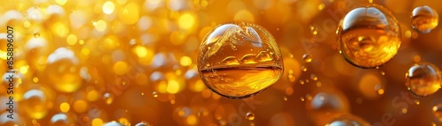 Golden yellow oil or serum bubble isolated on a yellow background, promoting a skincare solution 3D rendering
