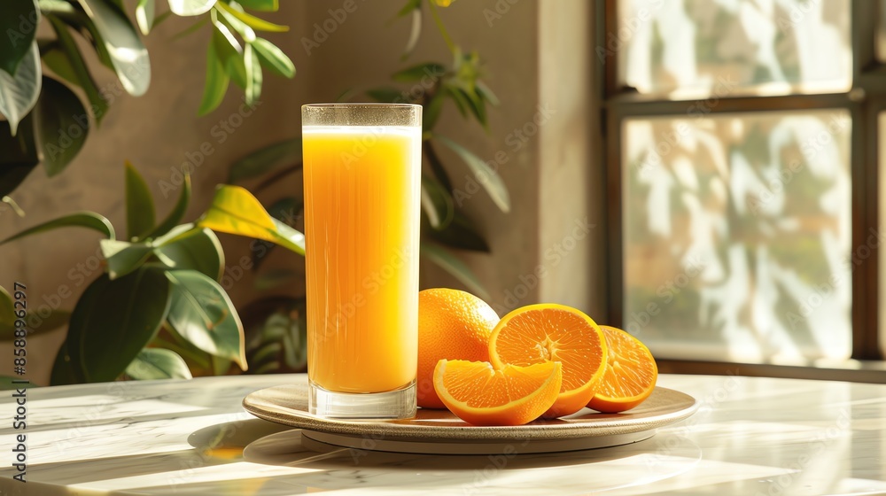 A glass of orange juice with fresh orange slices on a plate. A glass of orange juice with fresh orange slices on a plate.