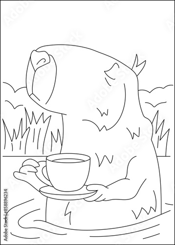 drinking capybara chilling coloring book page
