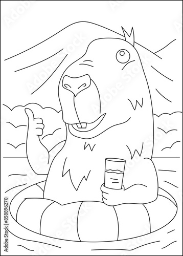 swim capybara chilling coloring book page