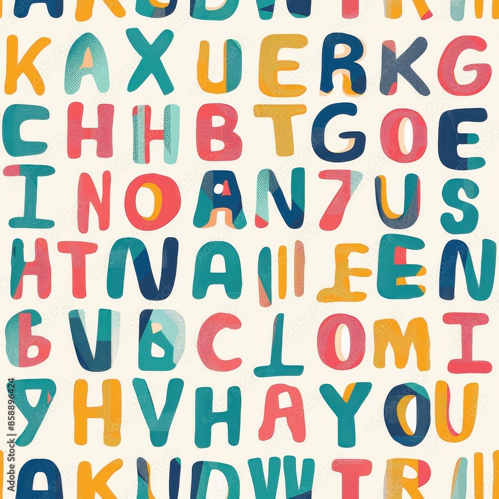 This image features a seamless pattern of colorful letters of the alphabet, arranged in a random order on a light cream background. The letters are hand-drawn and have a textured appearance, giving th This image features a seamless pattern of colorful letters of the alphabet, arranged in a random order on a light cream background. The letters are hand-drawn and have a textured appearance, giving th