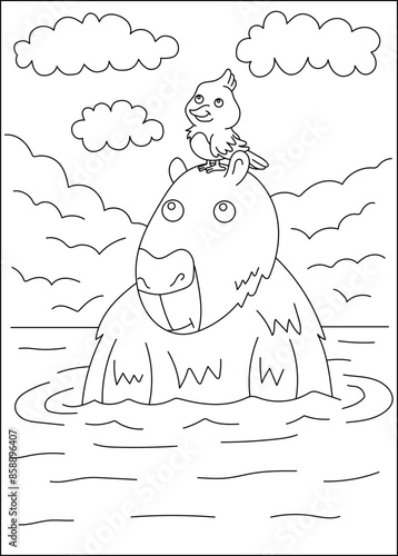 bird capybara chilling coloring book page