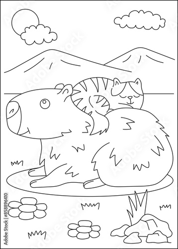 cat capybara chilling coloring book page