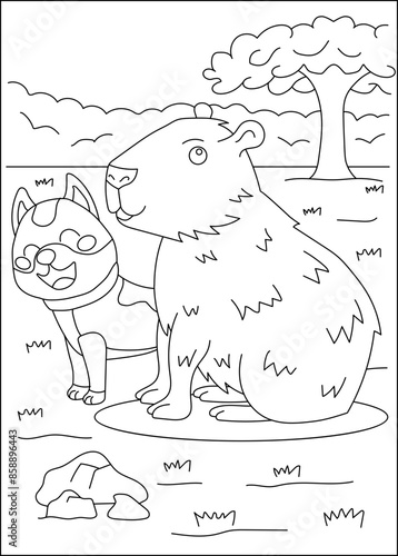 dog capybara chilling coloring book page