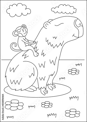 monkey capybara chilling coloring book page