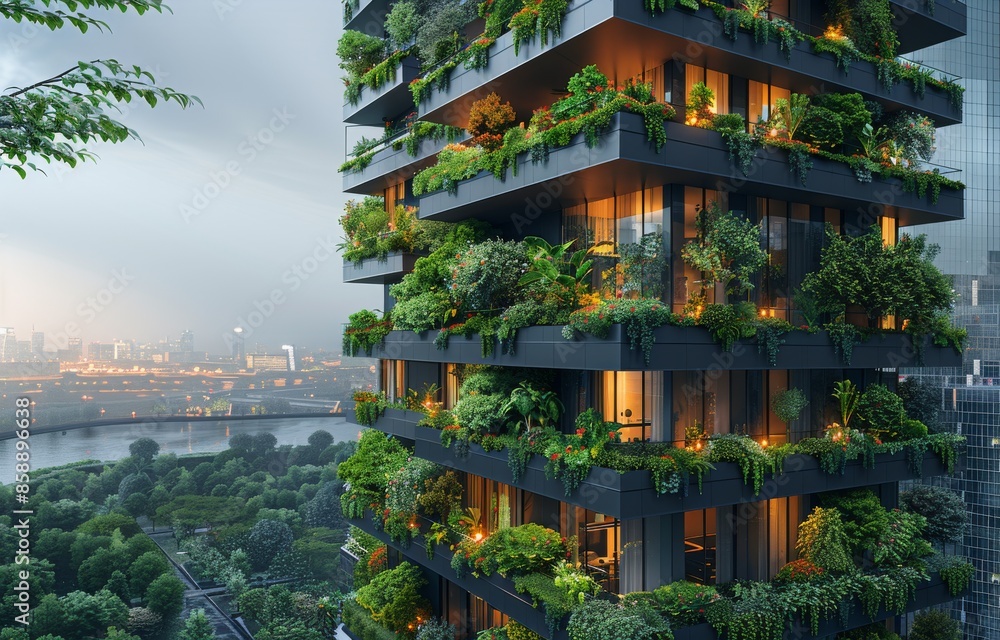 Vertical garden cascades from balcony to balcony on a sleek urban high-rise, a lush tapestry of greenery against the cityscape. Vertical garden cascades from balcony to balcony on a sleek urban high-rise, a lush tapestry of greenery against the cityscape.