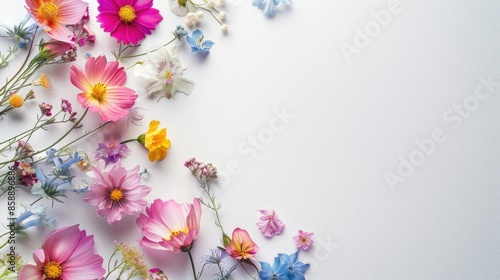 Colorful spring flower inflorescences on white paper background with space for text photo