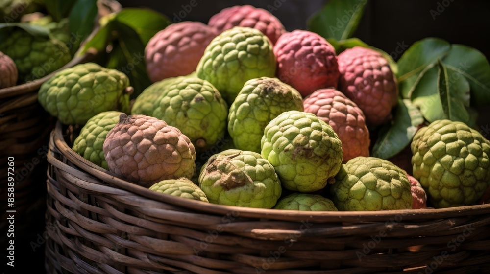 Obraz premium Basket of ripe custard apples in various colors.