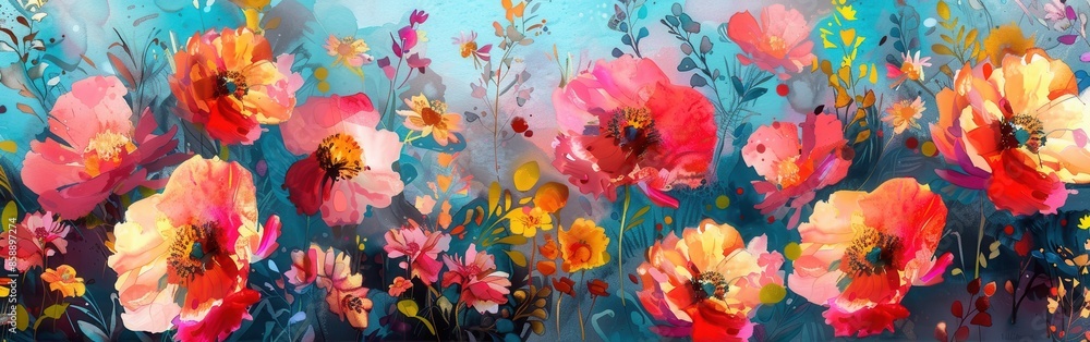 This image is a vibrant watercolor painting of a garden scene. The painting features brightly colored poppies in a field of greenery. The poppies are painted in shades of red, pink, and orange, and th This image is a vibrant watercolor painting of a garden scene. The painting features brightly colored poppies in a field of greenery. The poppies are painted in shades of red, pink, and orange, and th