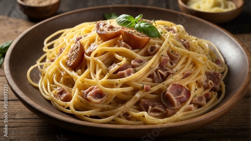 alla carbonara spaghetti in wooden plate