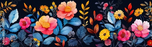 Wallpaper Mural A digital watercolor illustration of a floral pattern on a dark blue background. The illustration features a variety of colorful flowers, including pink, red, orange, and yellow, with blue leaves and  Torontodigital.ca