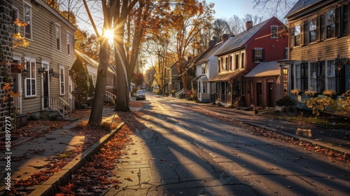 A peaceful scene of a quiet street in a small town, with the sun casting long shadows.