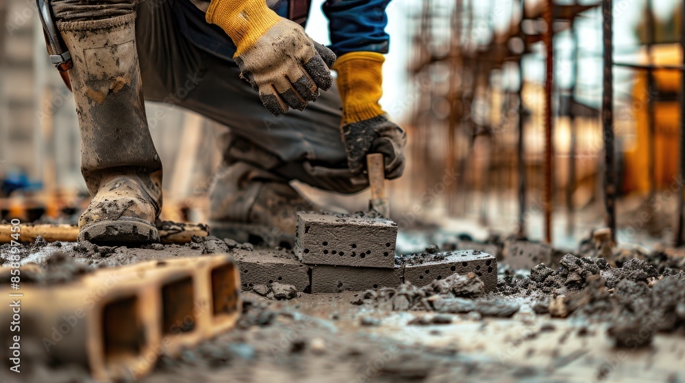 Construction worker laying bricks with cement at building site concept of construction industry Construction worker laying bricks with cement at building site concept of construction industry