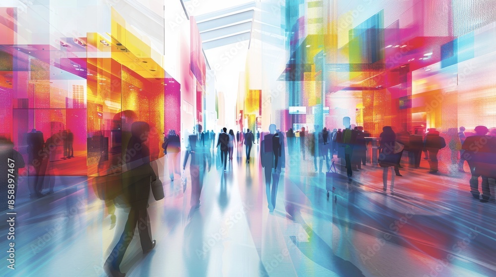 A busy city street with people walking and carrying backpacks. The scene is colorful and lively, with a sense of movement and energy A busy city street with people walking and carrying backpacks. The scene is colorful and lively, with a sense of movement and energy