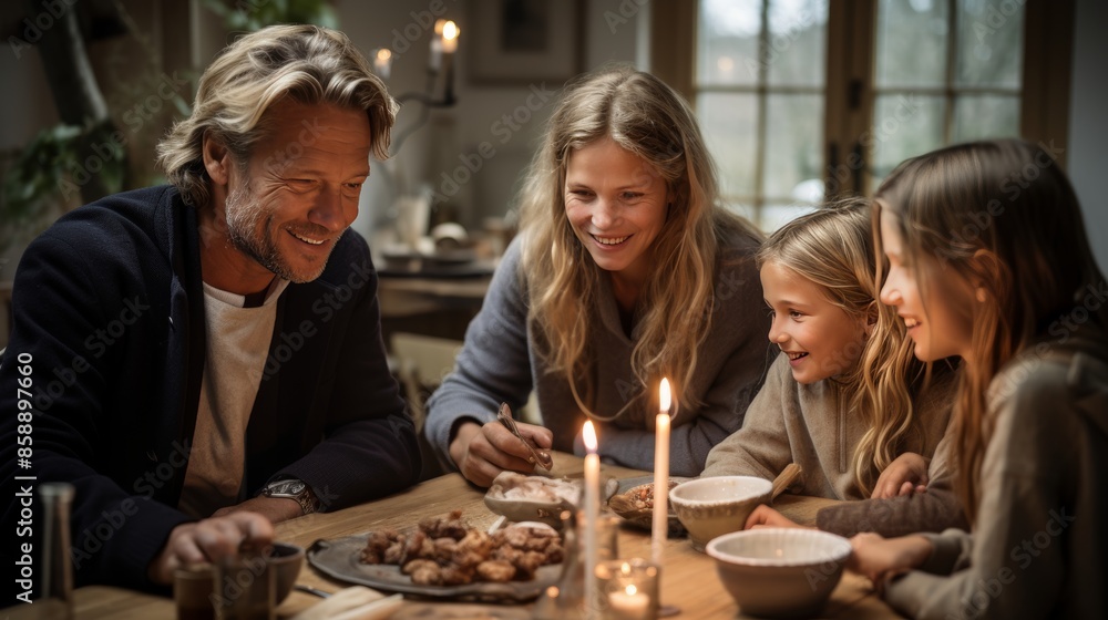 Joyful family of four savoring morning coffee at cozy breakfast table in their warm home Joyful family of four savoring morning coffee at cozy breakfast table in their warm home
