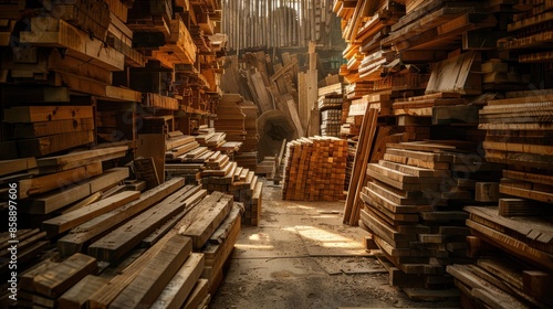 Wallpaper Mural A large pile of wood is stacked in a warehouse. The wood is of different sizes and shapes, and it is in disarray. Scene is chaotic and disorganized, with the wood scattered all over the floor Torontodigital.ca