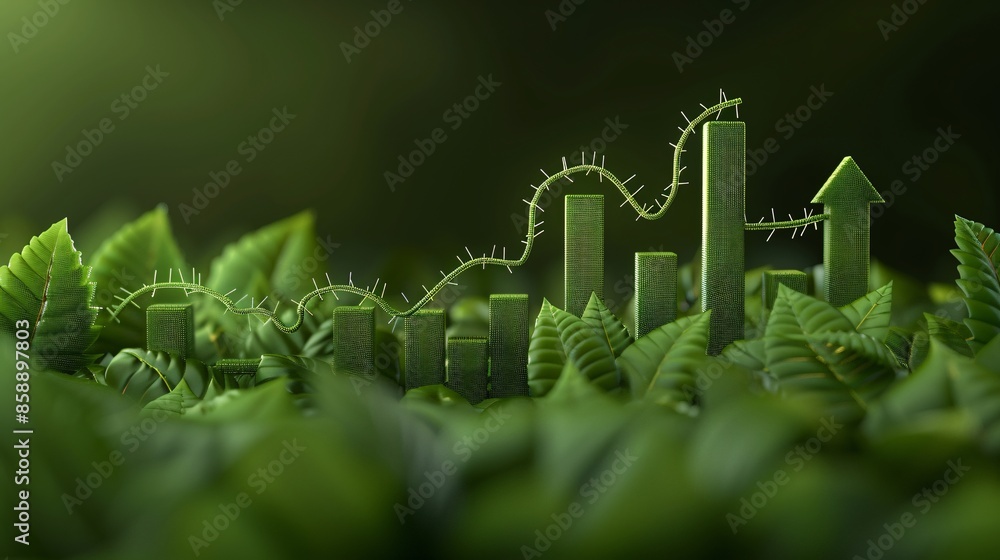 Green leaves gracefully overlaying a financial report displaying rising graphs and positive trends symbolizing growth and sustainability Green leaves gracefully overlaying a financial report displaying rising graphs and positive trends symbolizing growth and sustainability