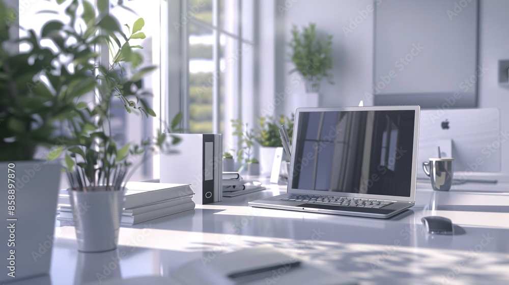 A modern office scene featuring a white office desk with a computer laptop, plant, and documents. A modern office scene featuring a white office desk with a computer laptop, plant, and documents.