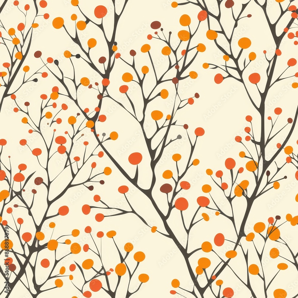 An abstract pattern featuring orange and brown branches with orange and red berries on a white background. The pattern is seamless and can be used for various applications, such as fabric design, wall An abstract pattern featuring orange and brown branches with orange and red berries on a white background. The pattern is seamless and can be used for various applications, such as fabric design, wall