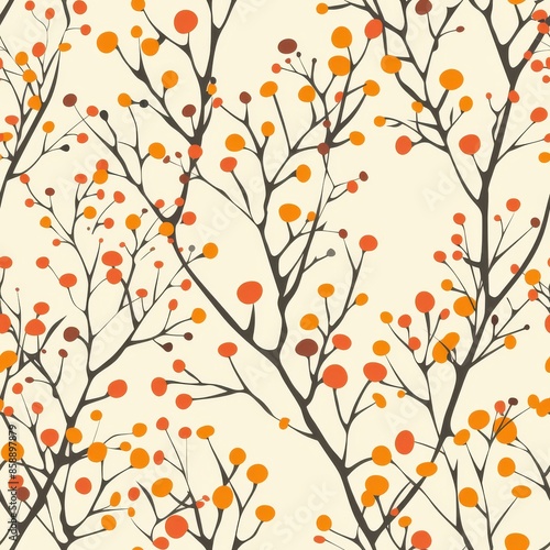 An abstract pattern featuring orange and brown branches with orange and red berries on a white background. The pattern is seamless and can be used for various applications, such as fabric design, wall