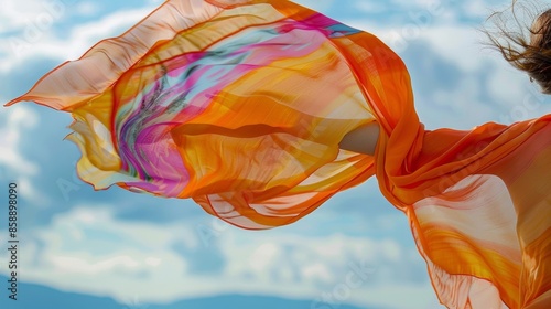 The lightweight foulard scarf flutters effortlessly giving a carefree and breezy feel to the outfit. photo