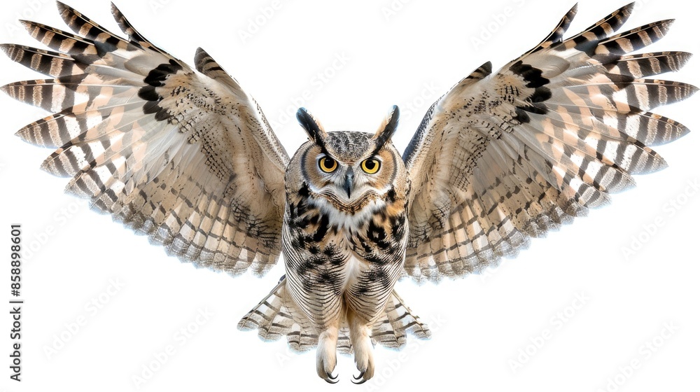 Eagle owl landing with wings open on white background Eagle owl landing with wings open on white background