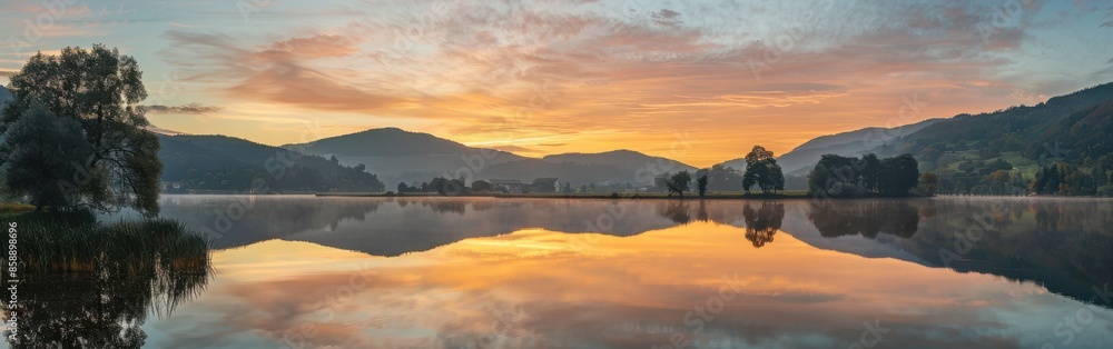 A panoramic view of a tranquil lake reflecting the vibrant colors of a sunrise over silhouetted mountains. The sky is ablaze with hues of orange, pink, and blue, creating a breathtaking spectacle. The A panoramic view of a tranquil lake reflecting the vibrant colors of a sunrise over silhouetted mountains. The sky is ablaze with hues of orange, pink, and blue, creating a breathtaking spectacle. The