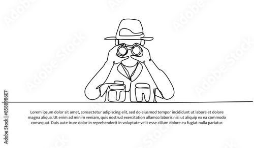 Continuous one line design of forest the forest guard was scouting using a binoculars.Minimalist style vector illustration on white background.