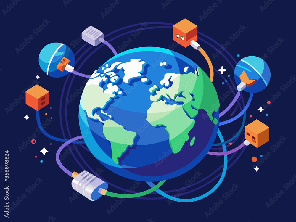 Earth with data cables connecting continents Earth with data cables connecting continents