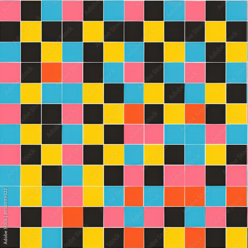 A close-up shot of a colorful checkerboard pattern with black, yellow, pink, blue, and orange squares arranged in a repeating pattern. The squares are evenly spaced and create a visually appealing geo A close-up shot of a colorful checkerboard pattern with black, yellow, pink, blue, and orange squares arranged in a repeating pattern. The squares are evenly spaced and create a visually appealing geo