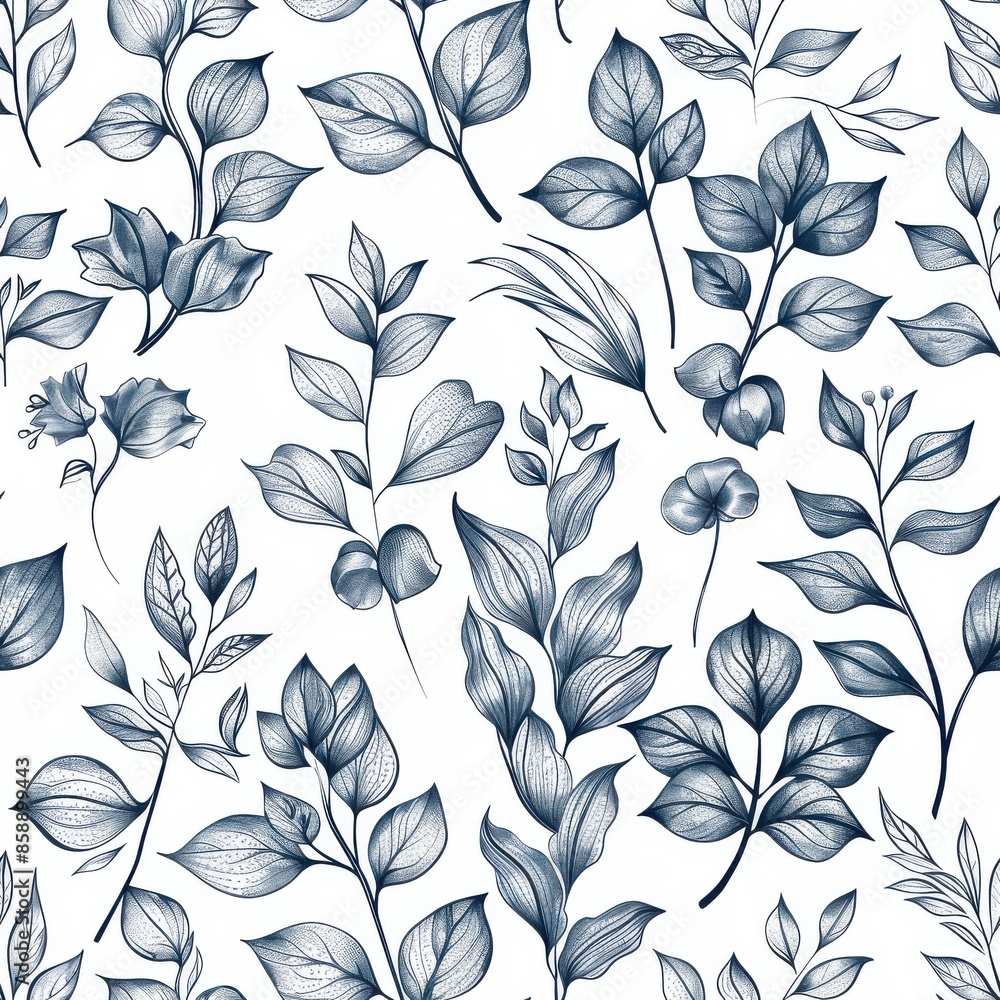 This image showcases a delicate and intricate floral pattern with blue leaves and flowers on a white background. The pattern is seamless and features a variety of different foliage, creating a visuall This image showcases a delicate and intricate floral pattern with blue leaves and flowers on a white background. The pattern is seamless and features a variety of different foliage, creating a visuall