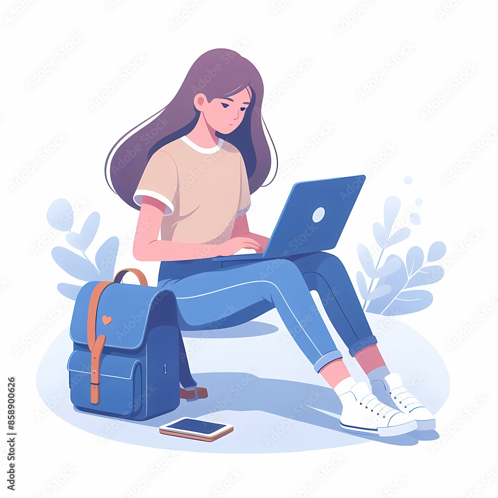 A girl sitting on comfortable place and working with a laptop vector illustration A girl sitting on comfortable place and working with a laptop vector illustration
