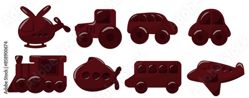 large set of chocolate figurines of various vehicles, namely chocolate cars, a locomotive, a tractor and various planes for World Chocolate Day