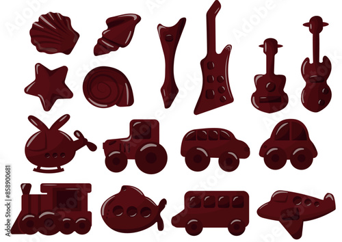 big set of different chocolate figurines of transport, seashells and different guitars for world chocolate day, for design, poster or banner