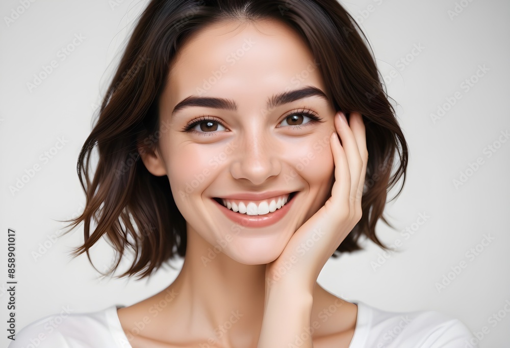 Positive smiling woman on white background Positive smiling woman on white background
