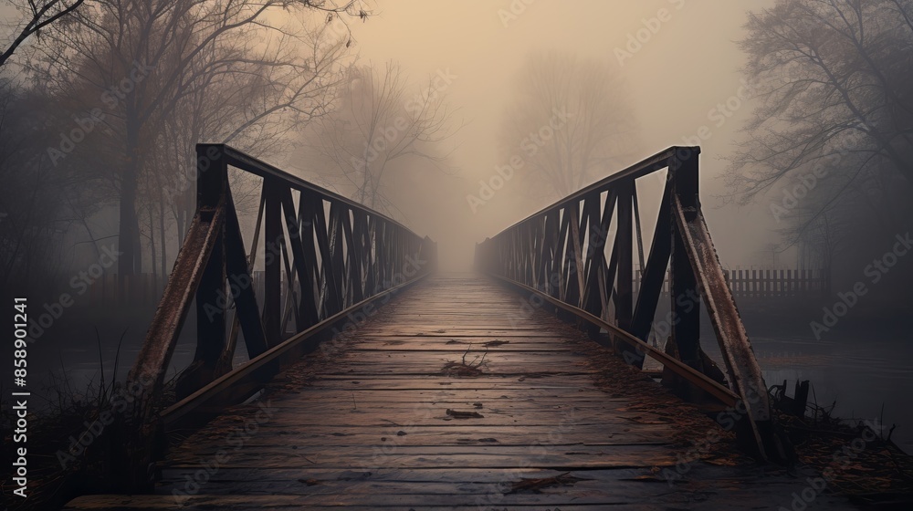 Fototapeta premium Abandoned structure with misty river below, forgotten by time