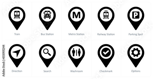 A set of 10 Location Pointer icons as train, bus station, metro station
