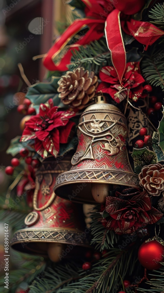 Fototapeta premium A close-up shot of two decorative Christmas bells with red and gold embellishments, adorned with red flowers, pine cones, and green evergreen branches. The bells are a symbol of the holiday season, an