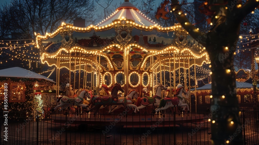 Obraz premium A brightly lit carousel with wooden horses spins in the center of a winter festival. The carousel is decorated with twinkling lights, and the festive atmosphere is enhanced by the snow-covered ground 