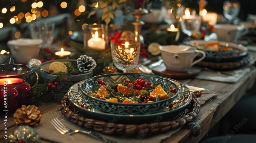 A beautifully set holiday dinner table with warm candlelight, green and gold decorations, and a delicious-looking citrus and cranberry salad. The table is set with elegant dishes and silverware, creat A beautifully set holiday dinner table with warm candlelight, green and gold decorations, and a delicious-looking citrus and cranberry salad. The table is set with elegant dishes and silverware, creat