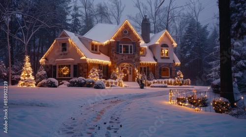 A snow-covered suburban house is decorated with Christmas lights. The house has a large front yard and a long driveway. The lights are strung along the roofline, the bushes, and the fence. A tall Chri